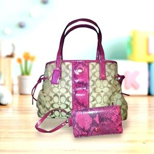 COPY - Coach signature bag with matching wallet. Tan and berry color.